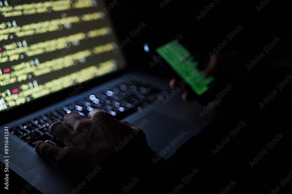 Poster hacker, hands or laptop at night with data, online scam or programming for access. person, cyber cri