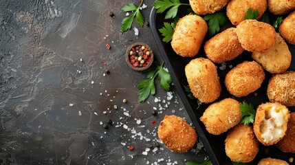 Delicious golden brown crispy croquettes in a black tray with herbs and seasoning on a rustic background, perfect for appetizing meals.