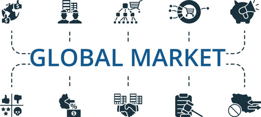 Global Market icon set. Monochrome simple Global Market icon collection. Distributor, Foreign Branch, Hard Currency, Industrial Goods, Market Potential, Swot Analysis, Protective Tariffs, Strategic