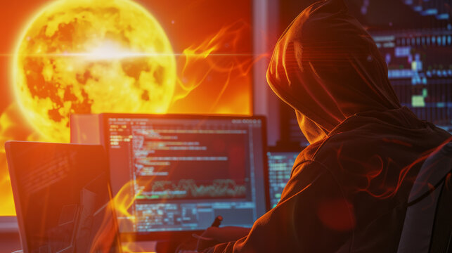 A hooded figure codes vigorously on a computer with an animation of a fiery sun and digital data on multiple screens in a dark room.