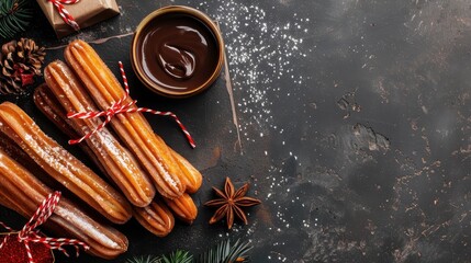 Festive churros placed on a rustic table with a bowl of chocolate sauce, pine cones, and Christmas decorations. Perfect holiday treat.