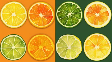 Obraz premium Assorted citrus fruit slices arranged in colorful squares