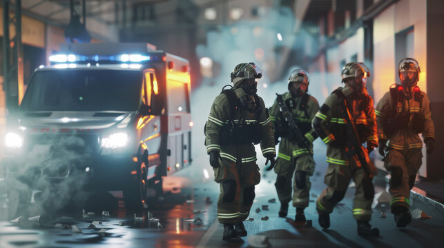 Firefighters in smoky surroundings, advancing with determination towards an emergency with full gear, embodying courage and urgency.