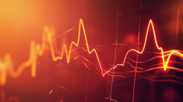 An abstract electrocardiogram (ECG) with vibrant red and orange peaks, symbolizing heart activity, life force, and medical monitoring technology.