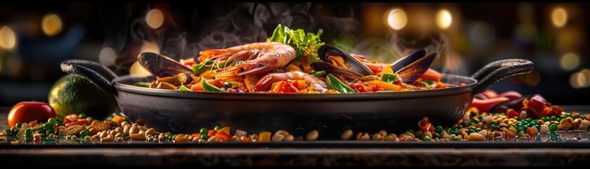 Delicious and aromatic seafood paella with prawns, mussels, and fresh herbs served in a traditional paella pan. Perfect for food lovers.