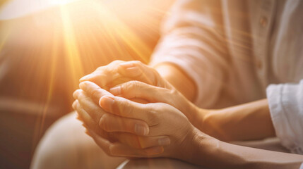 Close-up of two hands gently holding each other, bathed in warm, golden sunlight, symbolizing comfort, support, and connection.