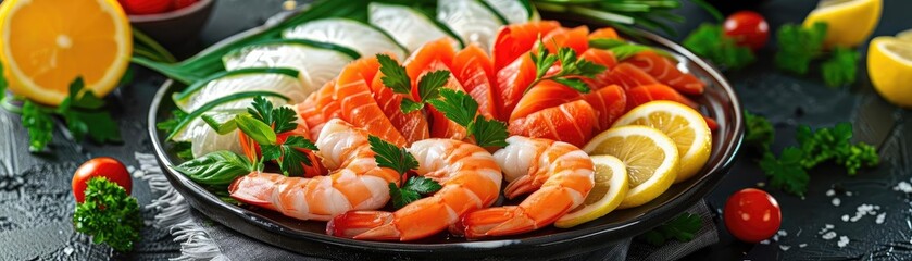 A delicious seafood platter with shrimp, salmon, and sliced cucumbers garnished with fresh herbs and lemon slices on a dark table.