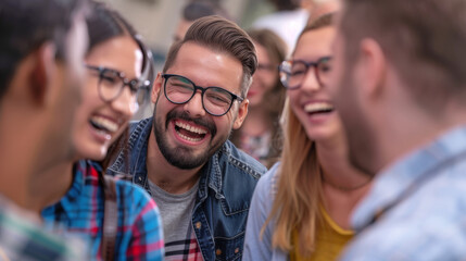 Fototapeta premium A group of friends, diverse and happy, share a laugh that captures the essence of friendship.
