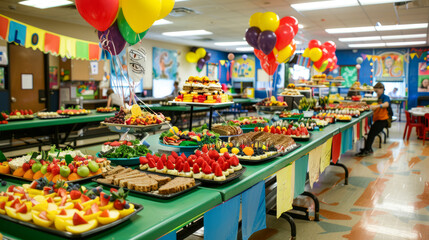 Colorful banquet table with assorted fruits and desserts at a party