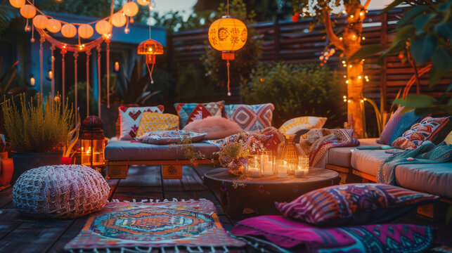Charming outdoor setting with colorful cushions and patterned rugs, surrounded by lanterns and fairy lights, creating an enchanting and cozy atmosphere.