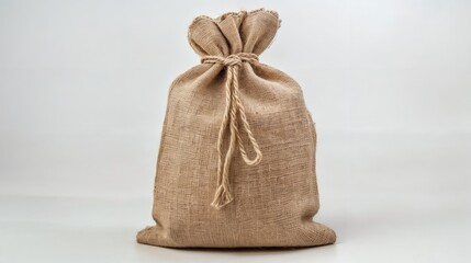 Burlap sack closed with a rope on a white background. AI generated.