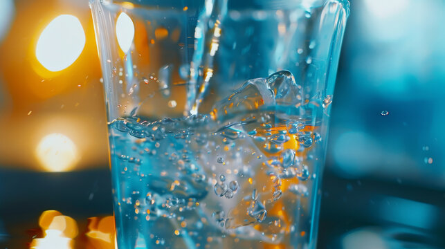 Water splashes in a clear glass with glowing bokeh lights creating a dynamic and refreshing scene.