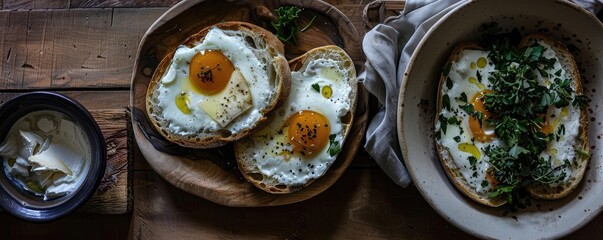 Rustic brunch scene with fried eggs on toast, garnished with herbs. Includes a side of creamy sauce and wooden serving boards.