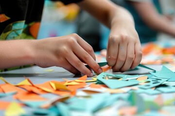 Obraz premium A close-up of a students hands carefully cutting paper shapes for a craft project