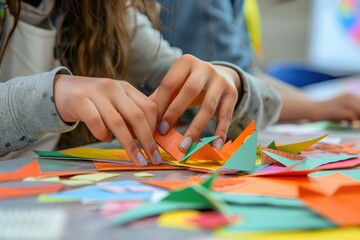 Fototapeta premium A close-up of a students hands carefully cutting paper shapes for a craft project