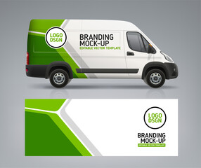 Branding Van Mock-up for corporate identity company. Abstract graphics of green stripes. Branding vehicle. Vector Van with branding design livery. Abstract business background for flyer or banner © VRTX