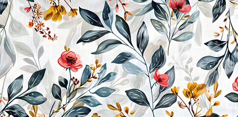 Flower block print fabric with linen texture effect. Chic fashion motifs border design for a chic background motif.