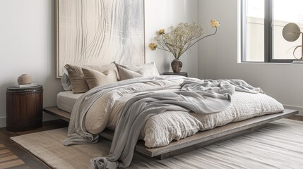 A bedroom with a minimalist platform bed