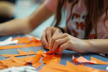 Fototapeta premium A close-up of a students hands carefully cutting paper shapes for a craft project