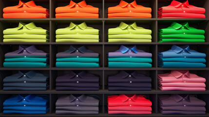 Vibrant rows of meticulously folded polo shirts, displayed in a rainbow array of colors on wooden shelves, showcasing organization and variety.