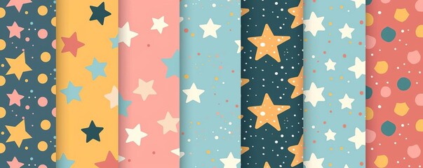 Colorful seamless patterns with stars, polka dots, and stripes. Perfect for scrapbooking, wrapping paper, and more.