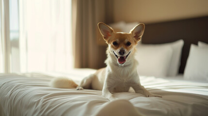 A small dog lies comfortably on a neatly made bed, bathed in soft sunlight streaming through the window in an elegant bedroom.