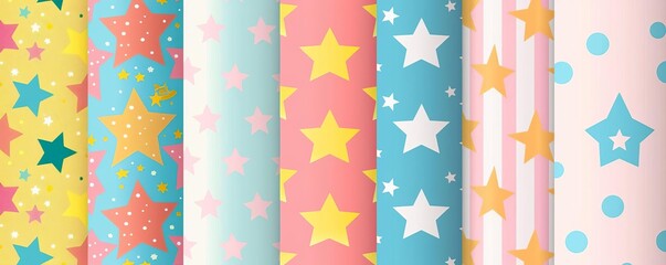 Colorful seamless patterns with stars, polka dots, and stripes. Perfect for scrapbooking, wrapping paper, and more.
