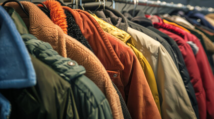 Obraz premium A collection of colorful, warm coats neatly arranged on hangers, showcasing an array of textures and hues in a well-organized wardrobe.