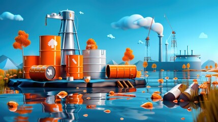Toxic waste dump, leaking barrels, flat design illustration