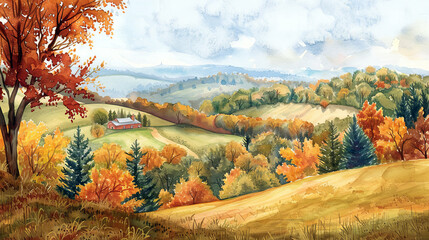 Obraz premium Watercolor Thanksgiving banner with a scenic landscape of rolling hills, autumn trees, and a distant farmhouse, capturing the serene beauty of the countryside.