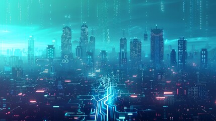 Fototapeta premium Futuristic Smart Cyber City illustration: Innovative Urban Landscape in Digital Circuitry, futuristic technology concept, Graphic Resources, Wallpapers, Brochure, Websites, banner design, Advertising,