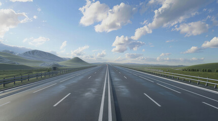 A long, empty highway stretches into the horizon under a bright blue sky with scattered clouds and green hills lining either side.