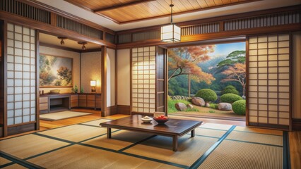 Cozy Japanese living room with traditional Tatami mats, ornate sliding doors, and vibrant wall decorations, awaiting a family's presence.