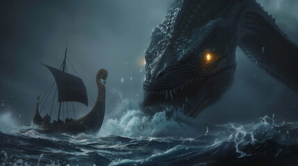 A dramatic scene of a Viking ship battling stormy seas, with a monstrous sea serpent emerging from the waves.