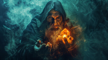 An enigmatic wizard cloaked in a hood, holds a glowing gem surrounded by mystic smoke, casting a spellbinding aura.