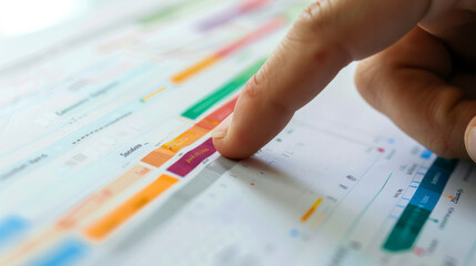A hand points at an intricate, colorful diagram, highlighting specific data points and patterns with clarity and focus.