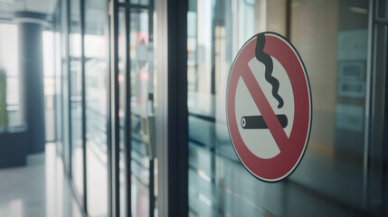 A no-smoking sign is prominently displayed on a glass surface in a modern building with soft lighting.