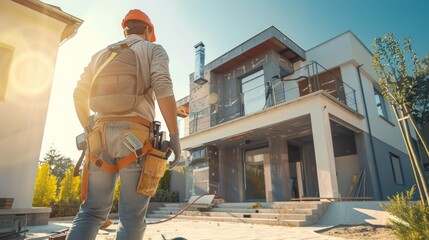 Close-up of Professional repairman walking to modern house under construction or renovated.