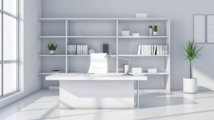 Seamless, well-lit white office featuring a large window, minimalist decor, and a peaceful work environment.