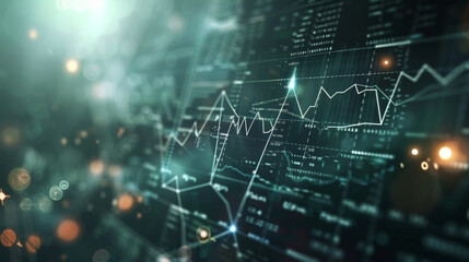 Abstract data visualizations with glowing graphs and lines representing financial statistics and analytics in a digital space.