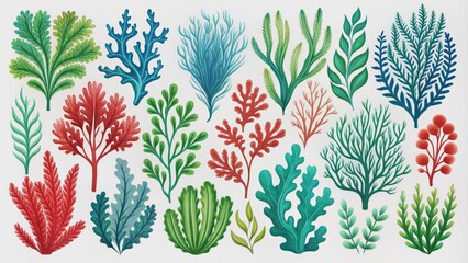 Naklejka premium Vibrant sea algae collection featuring diverse colorful seaweeds in shades of green, blue, and red, on a white background illustration.