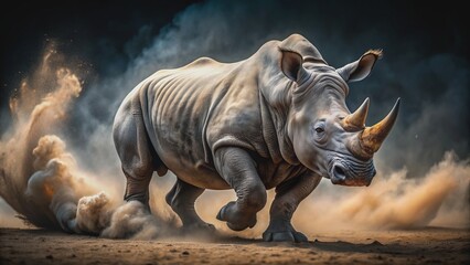 Fototapeta premium Magnificent rhinoceros in full sprint, kicking up clouds of dust and debris, set against a dramatic black background.