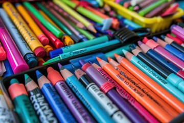 A close-up of colorful school supplies like crayons, markers, scissors, and glue sticks arranged on a table.