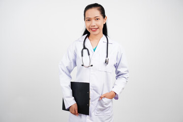 Female doctor bring clipboard isolated background