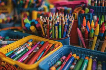 Naklejka premium A close-up of colorful school supplies like crayons, markers, scissors, and glue sticks arranged on a table.