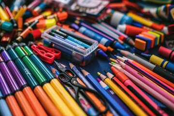 Obraz premium A close-up of colorful school supplies like crayons, markers, scissors, and glue sticks arranged on a table.