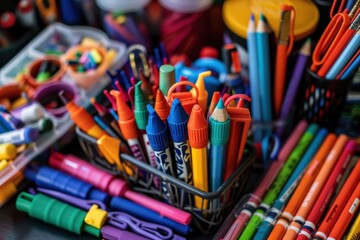 A close-up of colorful school supplies like crayons, markers, scissors, and glue sticks arranged on a table.