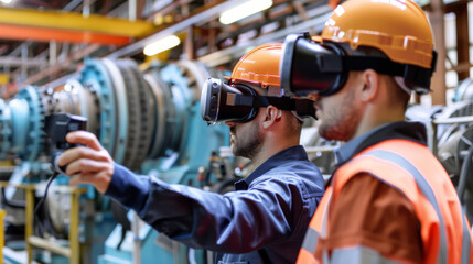 In a modern industrial space, a worker with a VR headset interacts with machinery, showcasing the blend of cutting-edge technology and traditional industry.