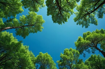 Fototapeta premium Summer sky framed by green canopies of trees looking up at sunlit blue
