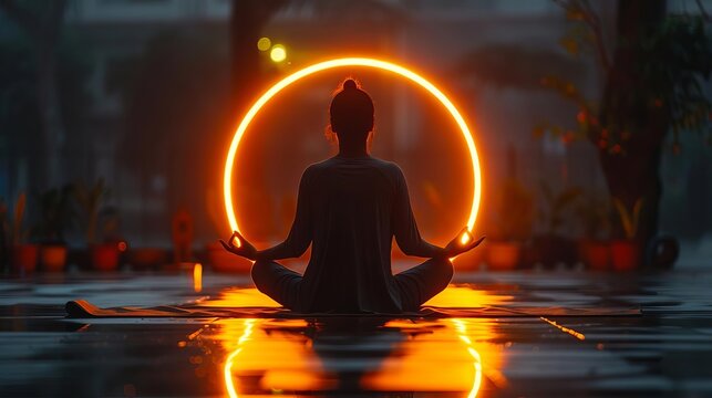 Silhouette of a person meditating in front of a glowing orange circle.